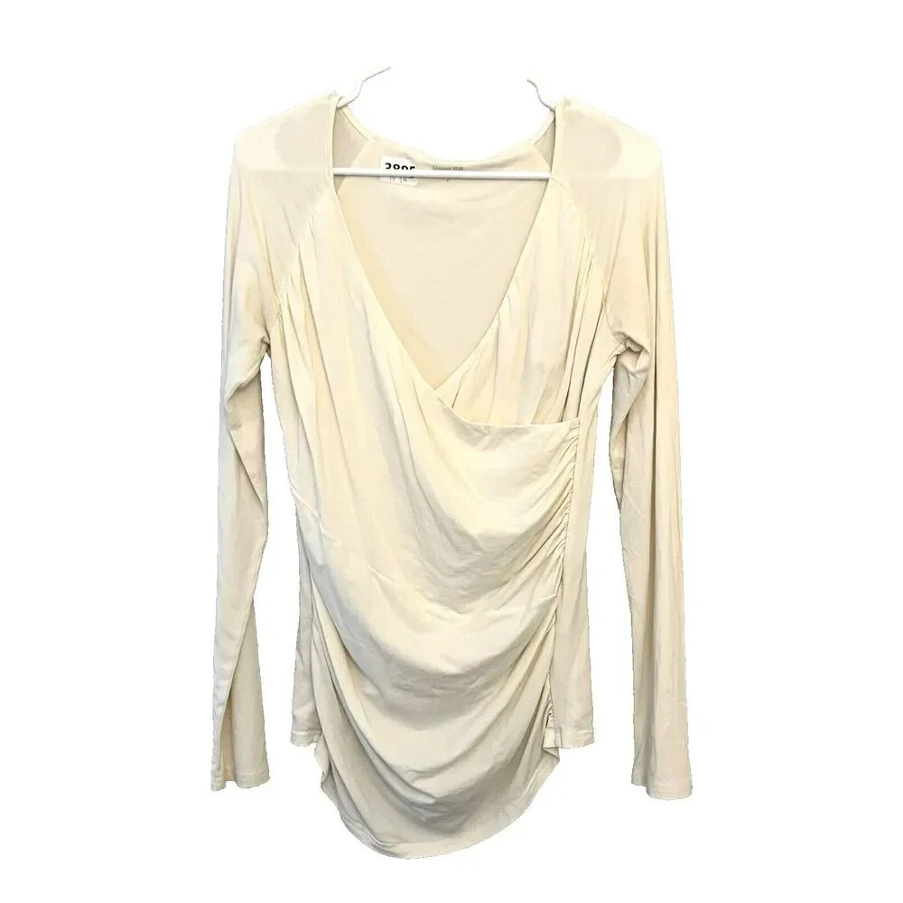 Garnet Hill Womens Ivory Wrap Ruched Blouse V Neck Stretch Small Long Sleeve